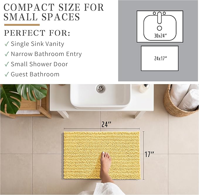 Yimobra Bathroom Rugs Non Slip Washable - Ultra Soft Absorbent Chenille Bath Mat, Quick Dry Shaggy Floor Carpet for Tub Shower, Yellow Home Decor Accessories, 24x17 Inch