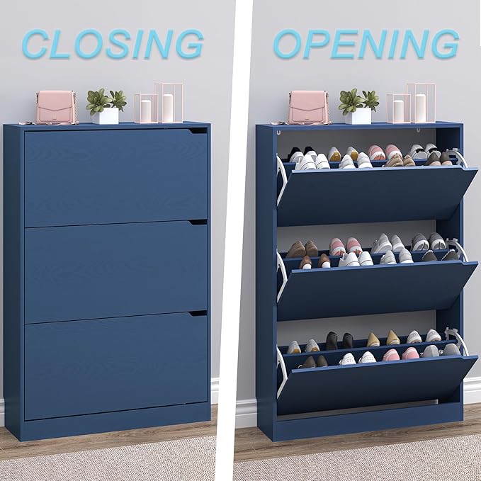 BORNOON Shoe Cabinet with 3 Flip Drawers, Hidden Wood Shoe Cabinet,Freestanding Shoe Storage Cabinet for Entryway Hallway. 47.2" H*31.5" W*9.45" D