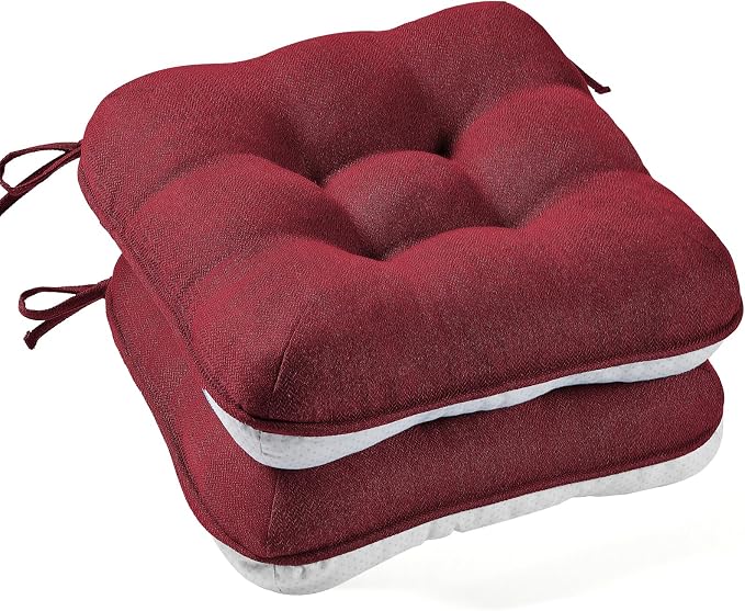 BETU Chair Cushions for Dining Chairs Set of 2,3.5" Thick Kitchen Table Chair Pads with Ties,Non Slip Backing and Covers, Decor Seat Cushion for Dining Room,Bar,Patio Chairs,15.5"X15.5"X3.5",Red