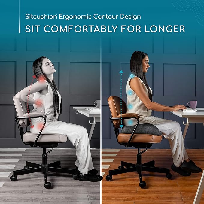 SitCushion X Large Office Chair Cushion for Sciatica Pain Relief, Memory Foam Seat Cushion for Car Seat Pad, Orthopedic Pillow. Computer Chair Cushion for Tailbone Pain Relief All Day Comfort (Gray)
