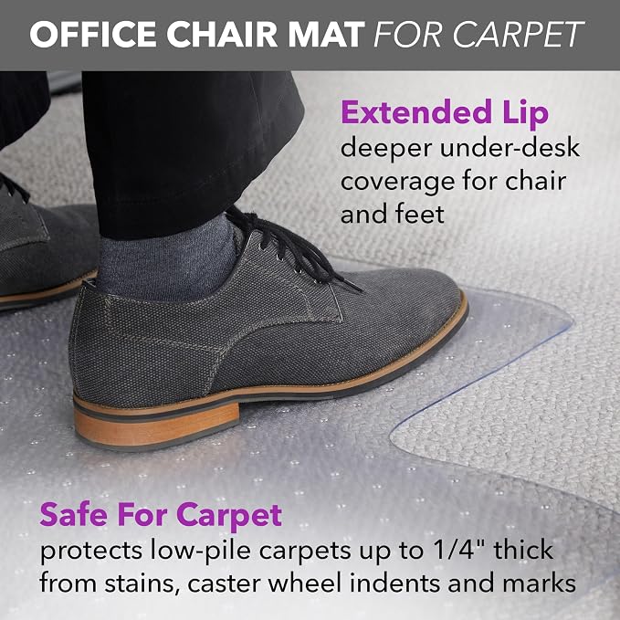HON Office Chair Mat for Carpet, Clear Desk Mat with Extended Lip for Rolling Computer Chairs, Heavy Duty Vinyl Floor Protector for Low Pile Carpet, 36 x 48 in, Clear