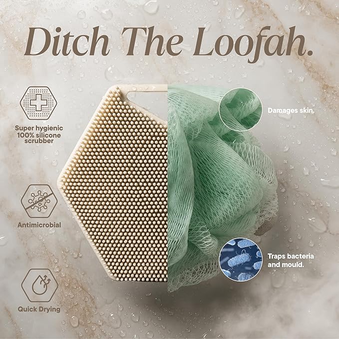TOOLETRIES Premium Silicone Body Scrubber 2.0, Hygienic Loofah Alternative, Exfoliating Shower Scrubber for Sensitive Skin, Quick Drying & Long-Lasting Bathroom Essentials for Men & Women - Sand