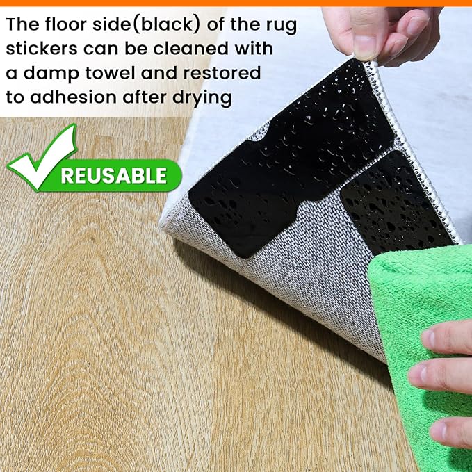 Rug Non Slip Grippers, Reusable Rug Tape Pads for Hardwood Floors, Laminate Floor, Tiles, No Residue on Flooring, Strong Adhesive Carpet Tape for Area Rugs, Keep Corners Flat (4)