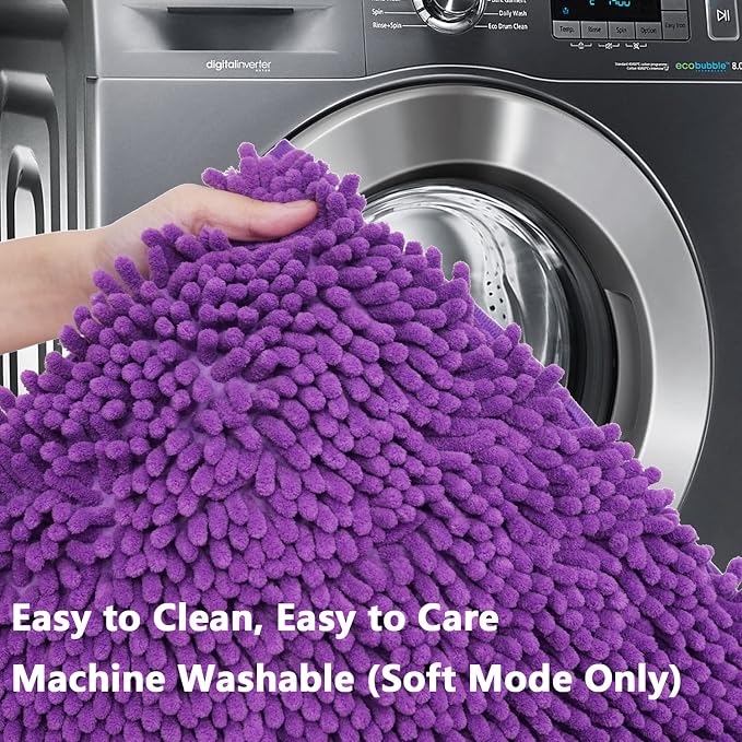 Bathroom Rugs Chenille 3-Piece Extra Soft and Absorbent Shag Bathroom Rugs, Machine Wash Mat, Strong PVC Non-Slip Underside, Plush Carpet Mats (Violet)