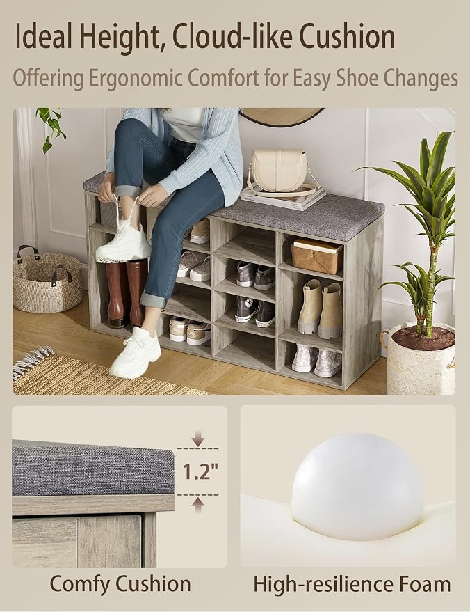 DINZI LVJ Shoe Storage Bench with Cushion, 14-Cubby Shoe Rack, Adjustable Shelves, Multifunctional Shoe Organizer Bench for Entryway, Mudroom, Hallway, Living Room, Bedroom and Garage, Gray Wash