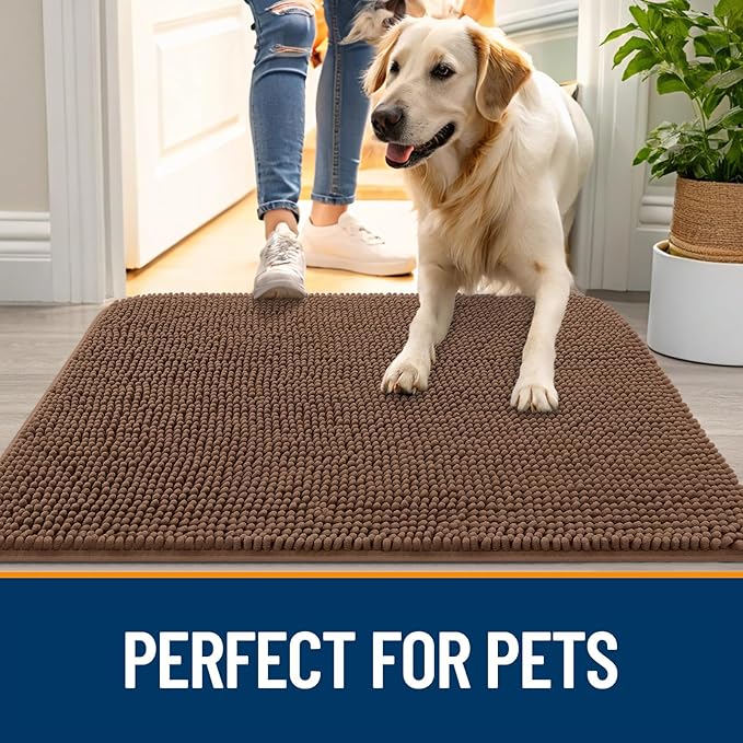OLANLY Dog Door Mat for Muddy Paws 54x32, Absorbs Moisture and Dirt, Absorbent Non-Slip Washable Doormat, Quick Dry Chenille Mud Mat for Dogs, Entry Indoor Entryway Carpet for Inside Floor, Mocha