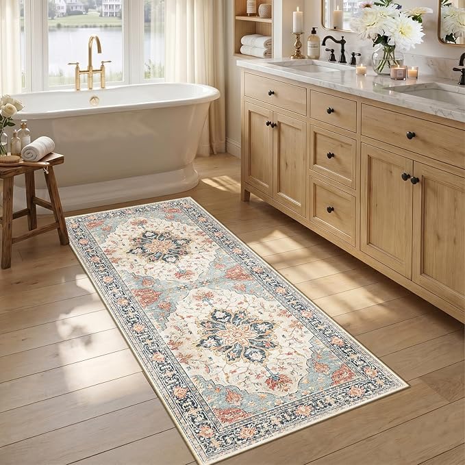 RELEANY Area Rugs Runner 2'6"x5' Washable Non-Slip, Floral Vintage Distress Medallion Carpet for Kitchen Hallway Bedroom Beside Laundry Room Bathroom, Beige Navy Blue Orange Colorful