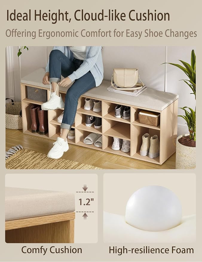 DINZI LVJ Shoe Storage Bench with Cushion, 15-Cubby Shoe Rack, Adjustable Shelves, Long Shoe Organizer Bench for Entryway, Mudroom, Hallway, Living Room, Bedroom and Garage, Natural