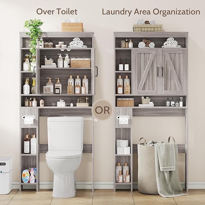 Over The Toilet Storage Cabinet with 2 Barn Doors & Built-in Toilet Paper Holder, Farmhouse Space-Saving Organizer for Bathrooms and Laundry Room, Grey
