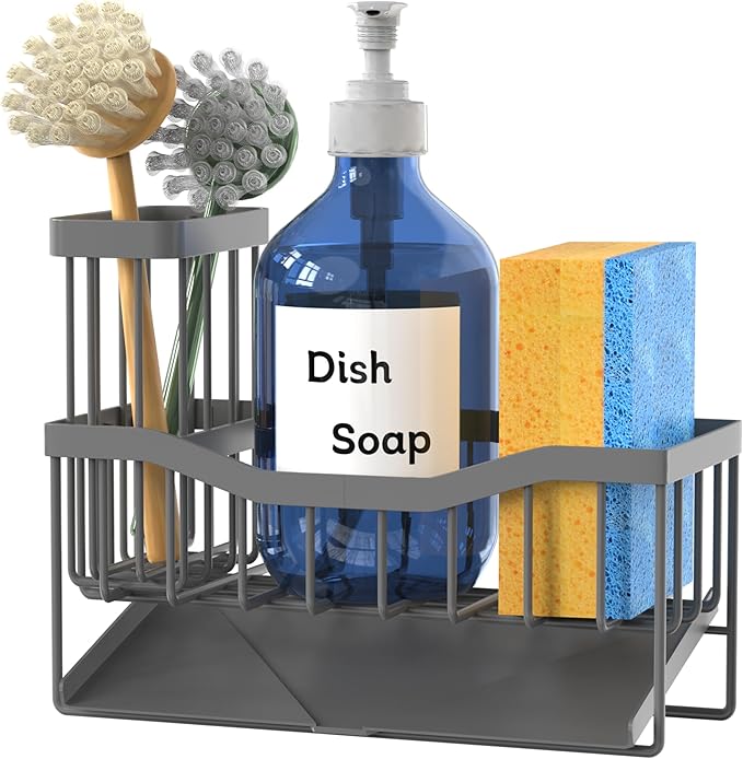 Fssvcd Maifan Sink Caddy Sponge Holder for Kitchen with Brush Holder and Stainless Steel Self Drain Tray, Rustproof Kitchen Sink Organizer for Sponge, Soap Dispenser Storage Accessories Dark Gray