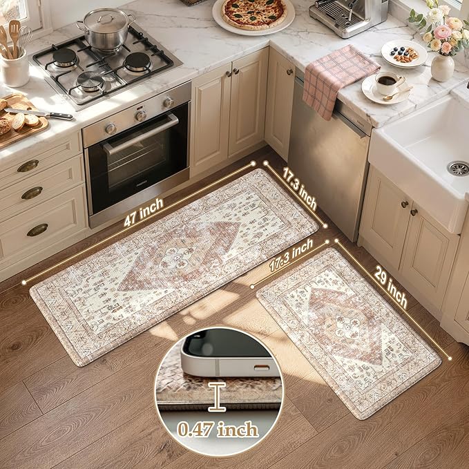 KIMODE Farmhouse Kitchen Mats Cushioned Anti Fatigue Khaki Kitchen Rugs Sets of 2, Non Slip Waterproof Kitchen Floor Mats, Ergonomic MemoryFoam Standing Mat for Laundry Room Decor, Office, Sink, Desk
