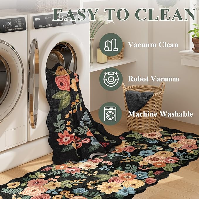 DUKINO 2x8 Washable Runner Rug, Lightweight Soft Floral Hallway Rug Runner with Low Pile Design, Non Shedding & Non Slip Backing Thin Indoor Carpet for Bedroom, Bathroom, Entrance, Kitchen, Black