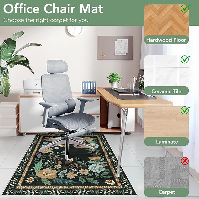 Office Chair Mat for Hardwood Floor&Tile Floor,36"x48" Heavy Duty Desk Chair Mat for Hard Floors,Under Desk Rug for Rolling Computer Chair,Anti Slip,Low Pile Carpet Floor-Square Frame Colorful Flowers