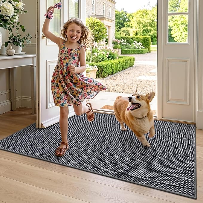 LUMI Ultra Thin Indoor Door Mat for Entrance 17"x30", Non Slip Entryway Mat, Low Profile Doormat, Unique Herringbone Design Carpet for Inside, Patio, Porch, Navy Gray