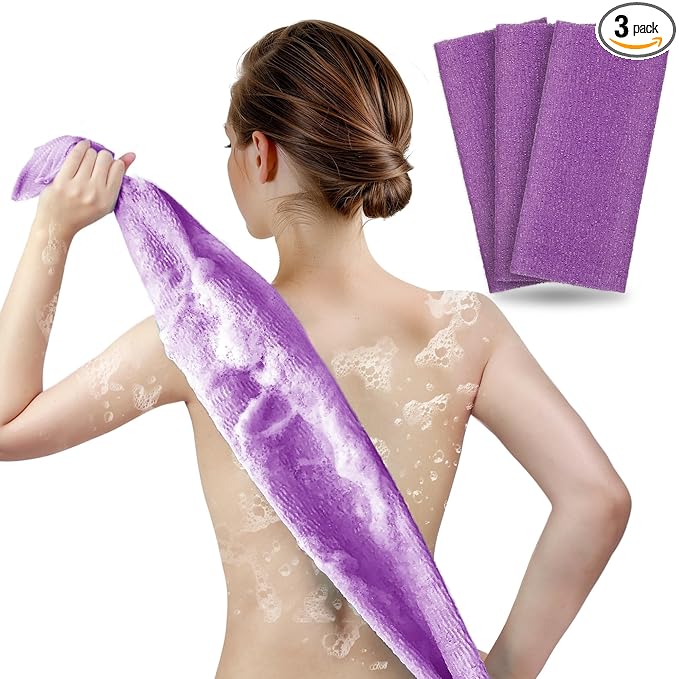 ARCH&M Exfoliating Towel for Body, Back, & Legs (3-Pack) | Textured Nylon Korean Bath Scrub & Japanese Washcloth for Ingrown Hairs & Smooth Skin (Purple x 3)