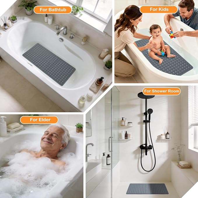 Yimobra Bathtub Mat Non Slip, 34.5"X15.5" Long Shower Mat for Inside Shower, Machine Washable Bath Mat with Drain Holes & Strong Suction Cups, Soft on Feet, Bathroom Essentials, Dark Grey