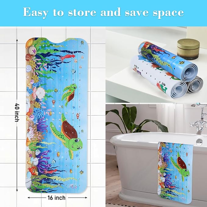 Secopad Bath Mat for Tub Non Slip, Machine Washable Anti-Slip Cartoon Baby Bathtub Shower Mat with Drain Holes and Suction Cups for Toddler & Kids, 40 Inch x 16 Inch, Red Turtles