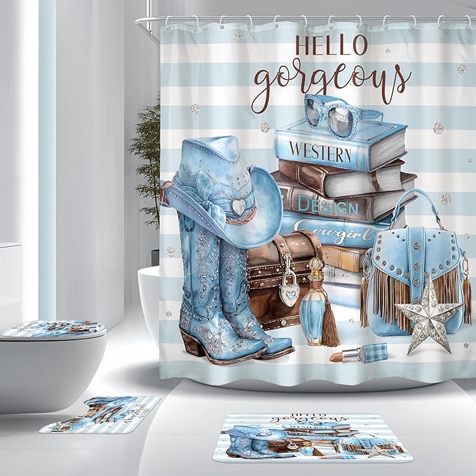4Pcs White Blue Brown Shower Curtain Set, Western Cowgirl Fashion Diamond Boots Striped Hats Bathroom Curtain with Rug, Toilet Lid Cover, Bath Mat, Women Girls Shower Curtain with 12 Hooks