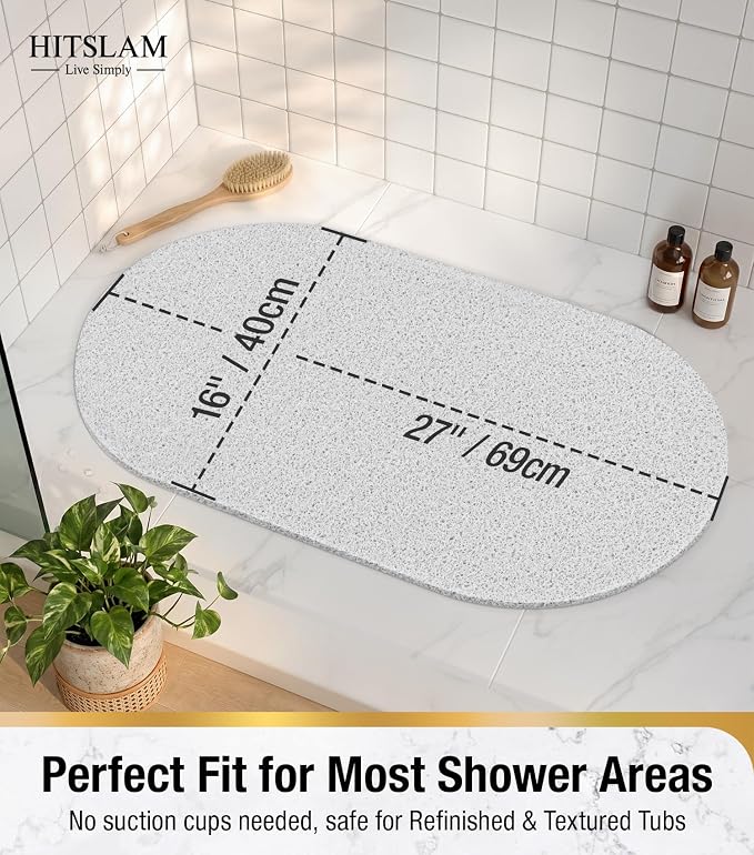 HITSLAM Oval Loofah Shower Mat Non Slip, 27x16 Inch Bath Mat for Textured Tub & Inside Shower Stall, No Suction Cups Quick Drying PVC Porous Floor Mat, Soft Foot Exfoliating Bathtub Mat, White
