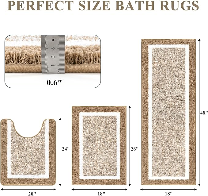 Pauwer Bathroom Rugs Sets 3 Piece Bathroom Shower Rugs with U-Shaped Contour Toilet Mat Absorbent Microfiber Plush Non Slip Bath Mats Machine Washable Shaggy Bath Floor Mat, Khaki