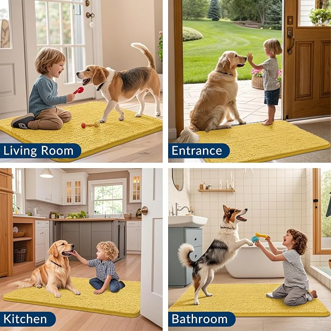 Smiry Dog Door Mat for Muddy Paws 24x16, Absorbent Dirt Trapper, Non-Slip Washable Chenille Entryway Rug for Inside Floor, Yellow, Classic Solid