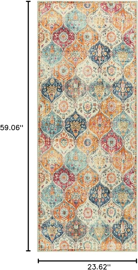 Lahome Moroccan Trellis Hallway Rug, 2x5 Washable Runner Rug Non Slip Kitchen Runners for Hallways, Ultra-Thin Vintage Carpet for Bedroom Bathroom Entryway Elise, Cream/Multi
