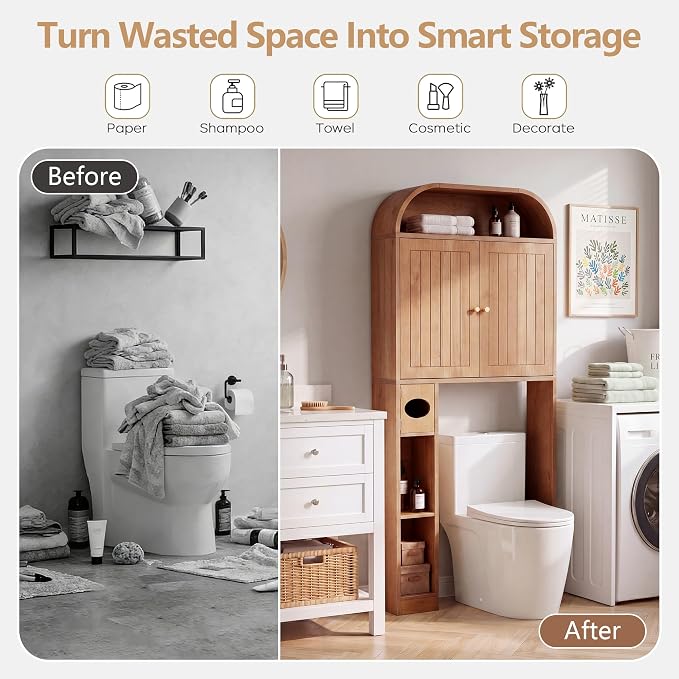 LEVNARY 31" Wide Over the Toilet Storage with Toilet Paper Holder, Arched Bathroom Organizer with Fluted Doors, 4-Tier Space Saving Freestanding Cabinet with Adjustable Shelves (Caramel)