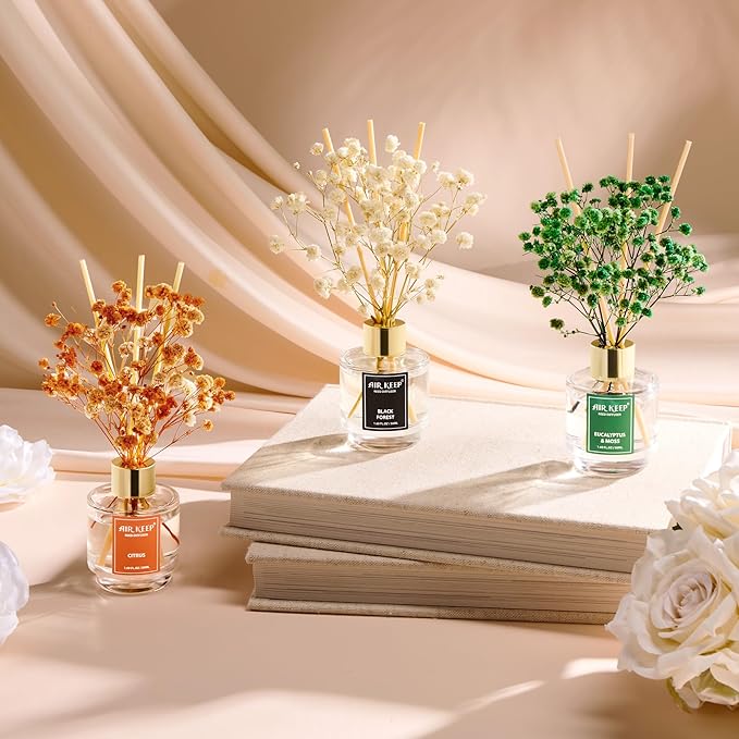 Airkeep Reed Diffuser Set of 3, Black Forest Eucalyptus Moss Citrus Oil Reed Diffusers for Bedroom Living Room Office Aromatherapy Oil Reed Diffuser for Gift 50ml