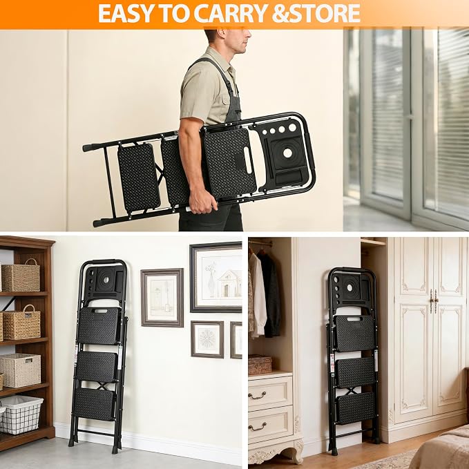 ZENY 3 Step Ladder, Folding Step Stool for Adults, Portable Steel Ladder with Tool Platform, Wide Anti-Slip Pedal, Safety Locking, Lightweight (Black)