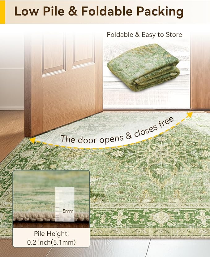 RELEANY Area Rugs Runner 2'x10' Washable Non-Slip, Floral Vintage Distress Medallion Carpet for Kitchen Hallway Bedroom Beside Laundry Room Bathroom, Sage Green Yellow