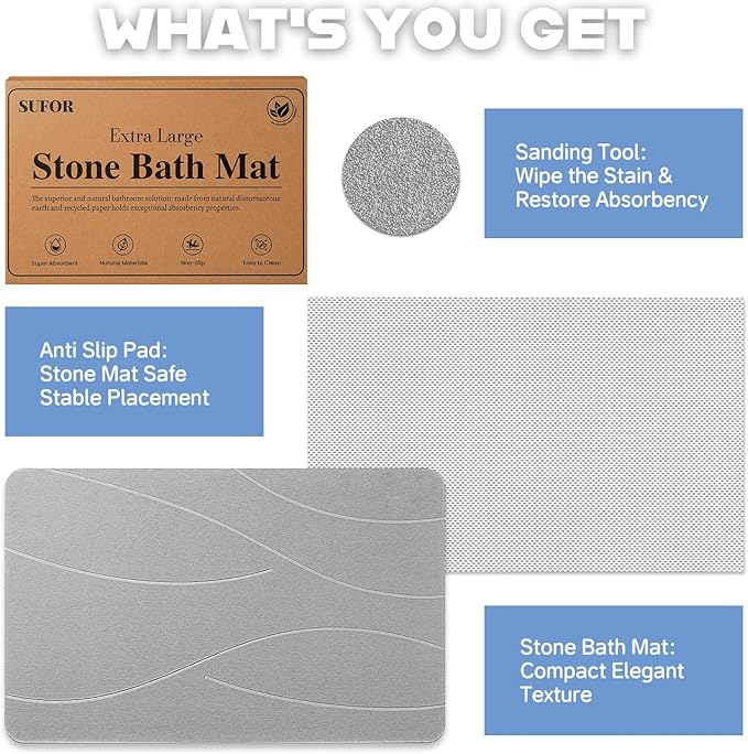 32"x20" Stone Bath Mat 2Pack, Diatomaceous Earth Shower Mat, Non-Slip Super Absorbent Quick Drying Bathroom Floor Mat, Natural, Easy to Clean (Cloudy Gray)