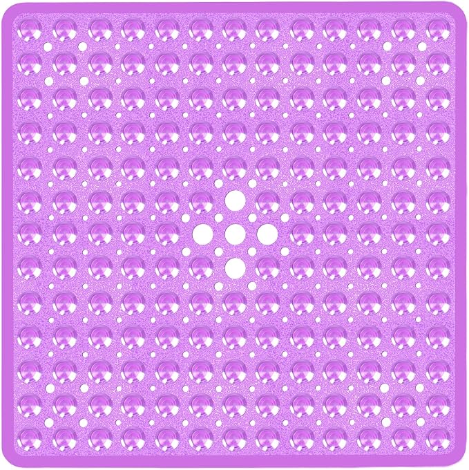 Square Shower Bathtub Mat Non Slip for Inside Shower Clear Purple 21x21 Inch, Shower Stall Mats for Bathroom Floor, Soft Bath Mat for Tub with Big Suction Cups Drain Holes, Easy Washable Dry