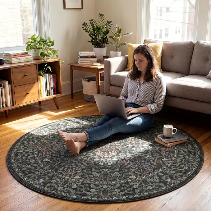 60"x60" Office Chair Mat for Hardwood Tile Floor, Under Desk Carpet Protector for Rolling Computer Chair Mat, Machine Washable Round Area Rug, Anti-Slip 1/5" Thick Low Pile Thin Floor Mat, Moss Green