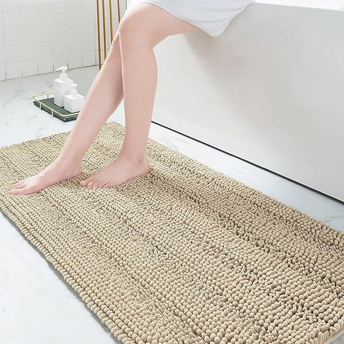 Grandaily Chenille Striped Bathroom Rugs 70x24, Extra Thick and Absorbent Bath Mats, Non-Slip Soft Plush Shaggy Shower Carpet, Machine Wash Dry, Bath Rug for Bathroom, Beige