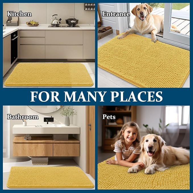 OLANLY Dog Door Mat for Muddy Paws 47x24, Absorbs Moisture and Dirt, Absorbent Non-Slip Washable Doormat, Quick Dry Chenille Mud Mat for Dogs, Entry Indoor Entryway Carpet for Inside Floor, Yellow