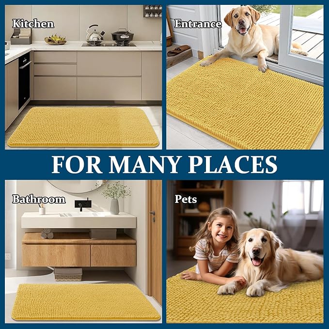 OLANLY Dog Door Mat for Muddy Paws 44x32, Absorbs Moisture and Dirt, Absorbent Non-Slip Washable Doormat, Quick Dry Chenille Mud Mat for Dogs, Entry Indoor Entryway Carpet for Inside Floor, Yellow