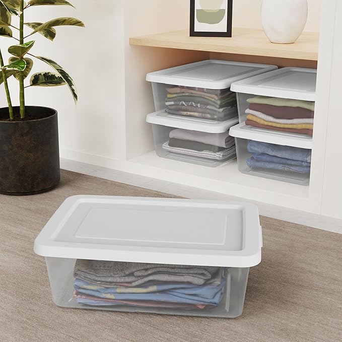 Sterilite 24-Pack Clear Storage Box, Stackable Container Bins with Lids, 12 Qt, White – Plastic Containers for Home, Closet, Bathroom, Classroom, and Office Organization