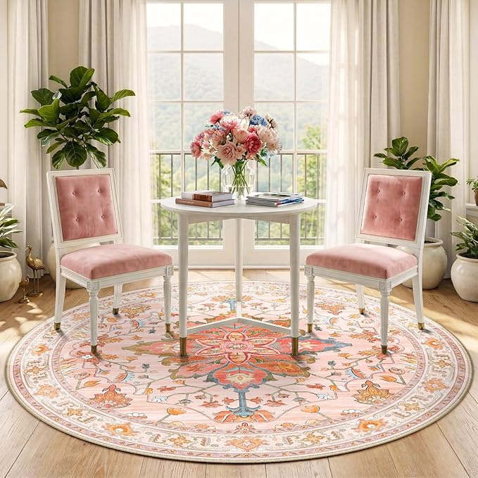 RELEANY Area Rugs Round 5ft Washable Non-Slip, Floral Vintage Distress Medallion Carpet for Living Room Bedroom Dining Room, Light Pink Colorful