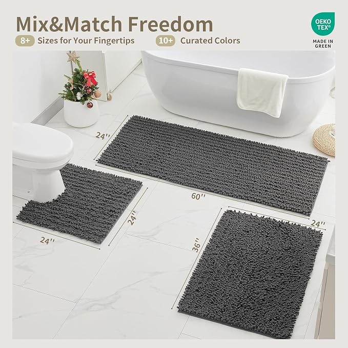Bathroom Rugs Non Slip Washable 36x24, Extra Thick Soft Chenille Absorbent Bath Mat, High Density Barrier Non Slip Backing, Quick Dry Plush Shaggy Floor Carpet for Tub&Shower, Darkgrey
