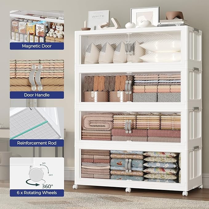 960QT Extra Large Stackable Storage Bins with Lid, 240Gal Plastic Closet Organizers and Storage Drawer, Collapsible Cabinet Box with Wheels Clear Doors for Home Kitchen Office, 4Pack White