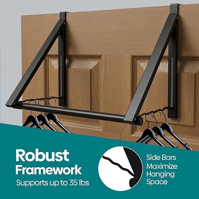 HOLDN’ STORAGE Over The Door Hanger - Foldable Rack Organizer for Hanging Clothes, Coats & Towels, Ideal for Dorm Rooms, Laundry, Bathrooms, Etc - Holds up to 35 LBs, Collapsible - Black