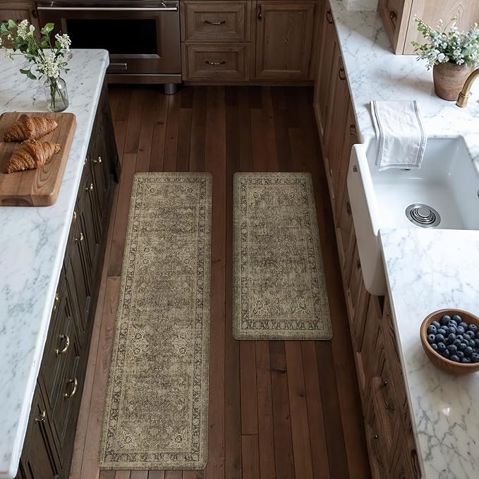 Vintage Kitchen Mats for Floor Anti Fatigue Waterproof Kitchen Rugs Sets of 2 Brown Cushioned Non-Slip Kitchen Mats Comfort Standing Mat for Sink Laundry Office 17.3"×59"+17.3"×30"