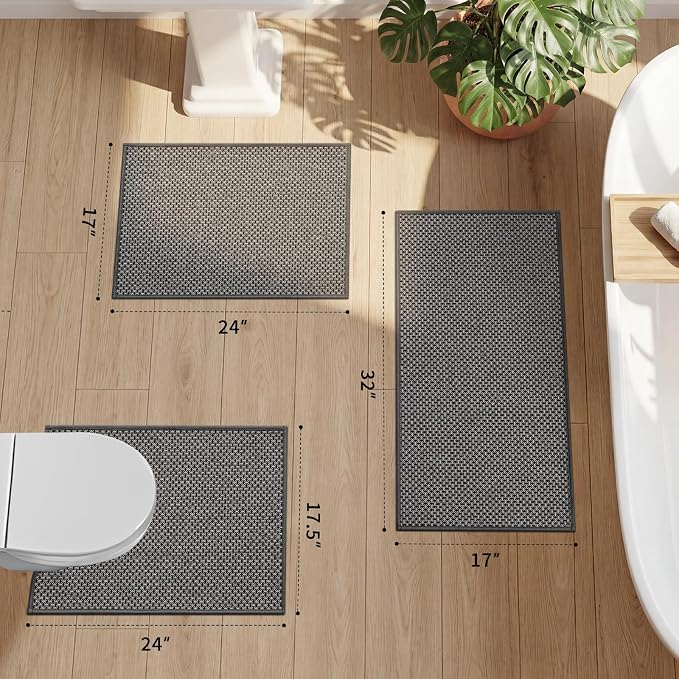 YIHOUSE Thin Bath Mat Dark Grey Bathroom Rugs Sets 3 Pieces, Non Slip Absorbent Bath Mats Quick Dry, Woven Braided Rugs Washable, Rubber Tapetes para Baño for Bathroom Toliet,Bathtub