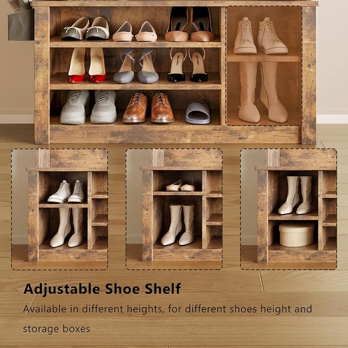Aiho Entryway Hall Tree with Bench and Storage, 5-in-1 Hall Tree with Coat Rack, Adjustable Shoe Bench, 2-Tier top Storage, for Hallway, Entryway, Bedroom, Rustic Brown