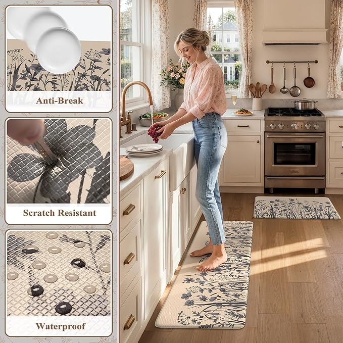 KIMODE Anti Fatigue Kitchen Mats for Floor, Farmhouse Kitchen Rugs Sets of 2, Cushioned Kitchen Floor Mats, Comfort Standing Mat for Sink, Laundry, Office, Desk Brown/Grey 17"x47"+17"x29"