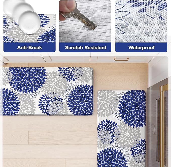 Anti Fatigue Kitchen Mats 2PCS,Boho Dahlia Kitchen Rugs Non Slip Rubber Backing, Farmhouse Waterproof Kitchen Mat for Floor,Cushioned Standing Mat for Kitchen,Laundry,Sink,Desk,Blue