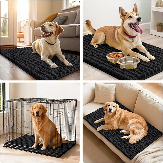 Smiry Dog Door Mat for Muddy Paws 48x30, Absorbent Dirt Trapper, Non-Slip Washable Chenille Entryway Rug for Inside Floor, Black, Layered Pattern