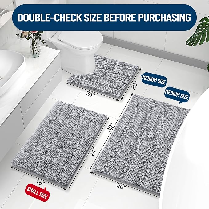 Grandaily Chenille Striped Bathroom Rugs 30x20, Extra Thick and Absorbent Bath Mats, Non-Slip Soft Plush Shaggy Shower Carpet, Machine Wash Dry, Bath Rug for Bathroom, (Medium, Light Grey)