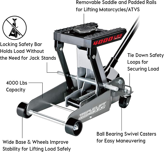 Powerbuilt 2 Ton Triple Lift Floor Jack, Works on Cars, Trucks, Motorcycles, ATV's, Transmissions, 4-3/4 to 17 in. Range, Wide and Stable, Locking Safety Bar - 620422E