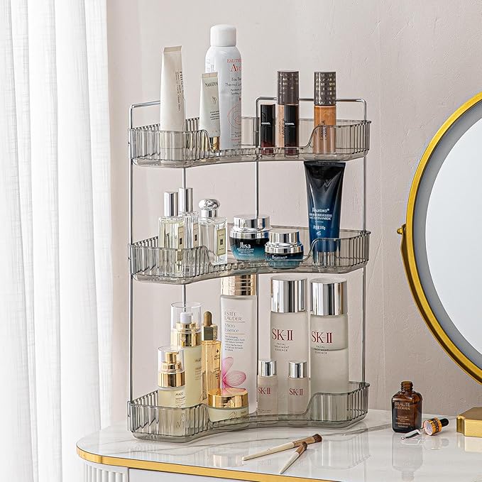 shuang qing 3-Tier Corner Bathroom Counter Organizer – Classic Storage Shelf for Makeup, Perfume & Toiletries, Space-Saving Countertop Tray Fits Bathroom, Dresser, Kitchen (Slate Gray)